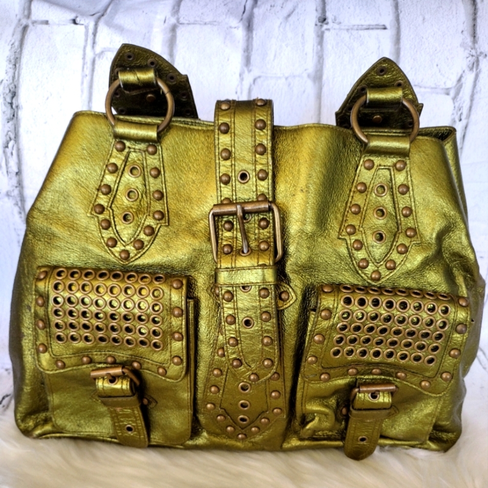 Beautiful Olive Green 💚 Brass Studded Vintage Leather Betsey Johnson Bag
